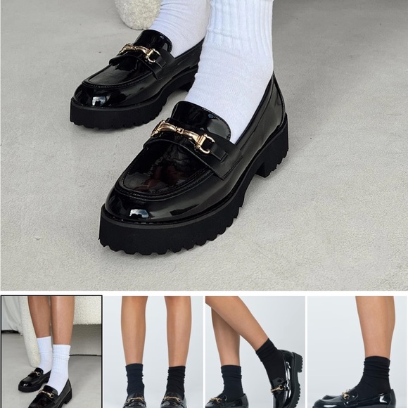 Princess Polly Shoes - Princess Polly Shiny Black Loafers with Gold Accent
